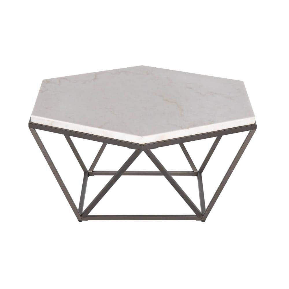 Transitional Hexagonal Lift-Top Coffee Table in Brown/White Marble