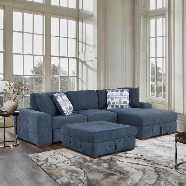 Lazzara Laconia 115 in. Straight Arm 3-Piece Chenille Sectional Sofa in Blue with Right Chaise and Storage Ottoman