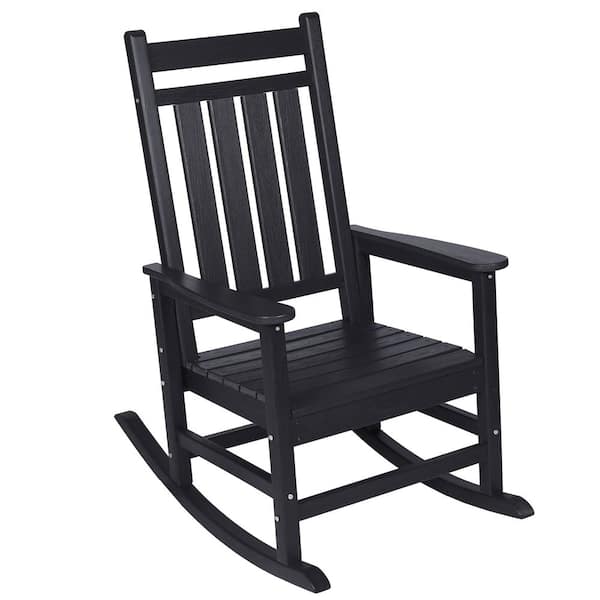 Black Oversized Ergonomic Rocking Chair with Wood-Texture, All-Weather Resistant HDPE Outdoor Rocking Chair for Adults