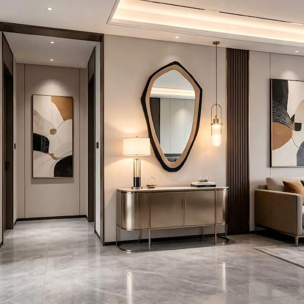 Black and Gold 27.6 in. W x 47.2 in. H Contemporary Irregular Oval Wood Framed Mirror