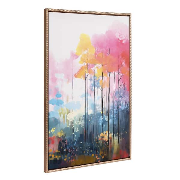 Kate and Laurel Sylvie Colorful Forest Landscape 1-Piece Gold Framed Canvas Art Print, 31.50 in. x 41.50 in.