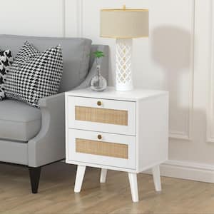 2-Drawers White Modern Wood Nightstand with Rattan Mid Century Accent Side End Table 21.7 in. H x 17.7 in. W x 13.8 in.D