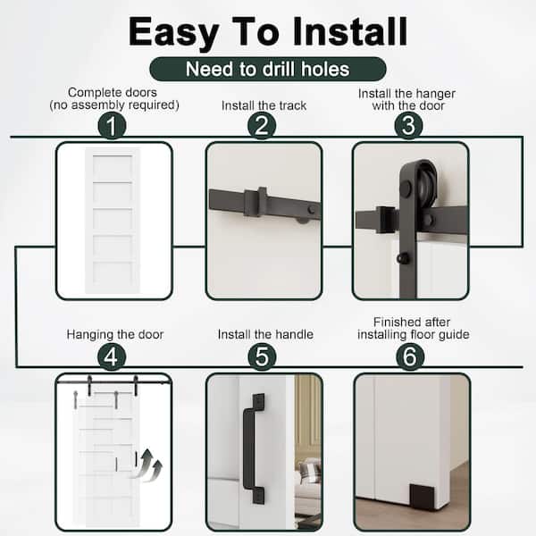 30 in. x 80 in. Waterproof 5 Panel White MDF No Assembly Required Barn Door Slab with Hardware Kit and Soft Close