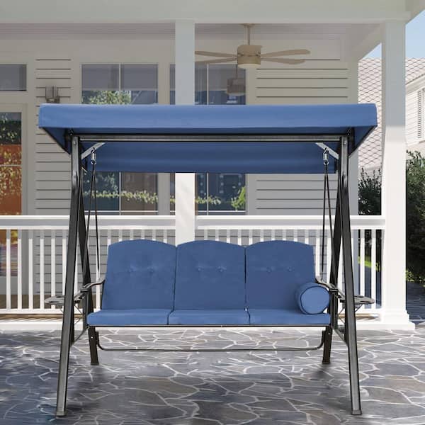Navy Blue Steel 3-Person Outdoor Canopy Swing Patio Swing with Removable Mat and Convertible Canopy Swing
