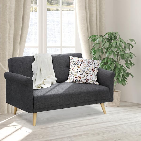 Furinno Retro Vintage 56.3 in. Dark Grey Linen 2-Seater Loveseat with Tapered Wood Legs