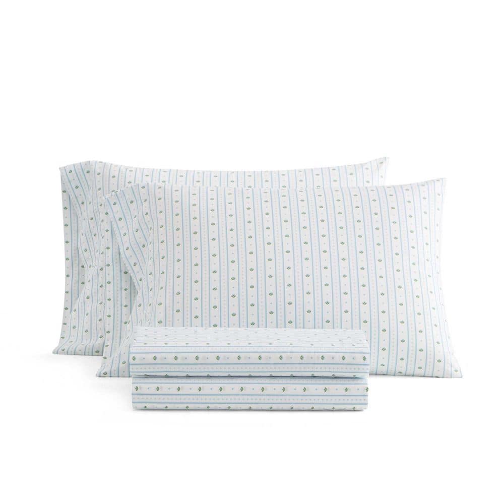 Floral Stripe 3-Piece White/Winter Blue/Clover Green Percale Cotton Twin Sheet Set price history on PriceWatchPro