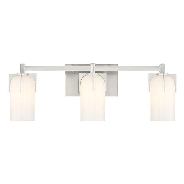 Caldwell 24 in. 3-Light Satin Nickel Bathroom Vanity Light with Etched White Opal Glass Shades