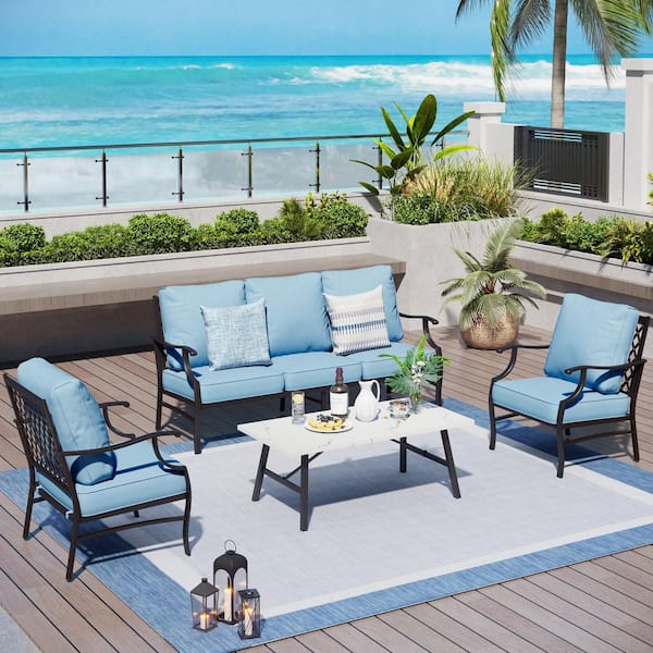 PHI VILLA Black 5 Seat 4-Piece Metal Steel Outdoor Patio Conversation Set with Blue Cushions and Table with Marble Pattern Top