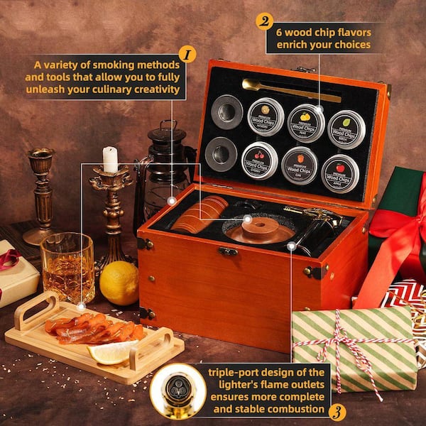 Lynzavix Brown Wood Cocktail Smoker Kit Whiskey Smoking Box Set