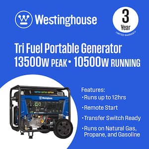 13,500/10,500-Watt Remote Start Tri-Fuel Portable Generator with Transfer Switch Outlet and Co Sensor