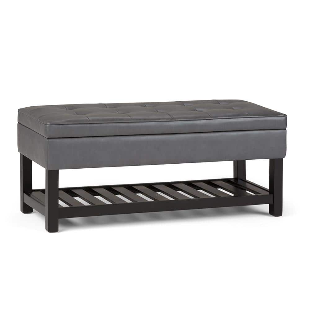 Stone Grey Tufted Faux Leather Storage Bench with Open Bottom