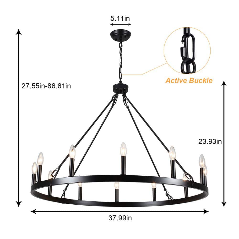Matte Black Metal 12-Light Candle Style Chandelier