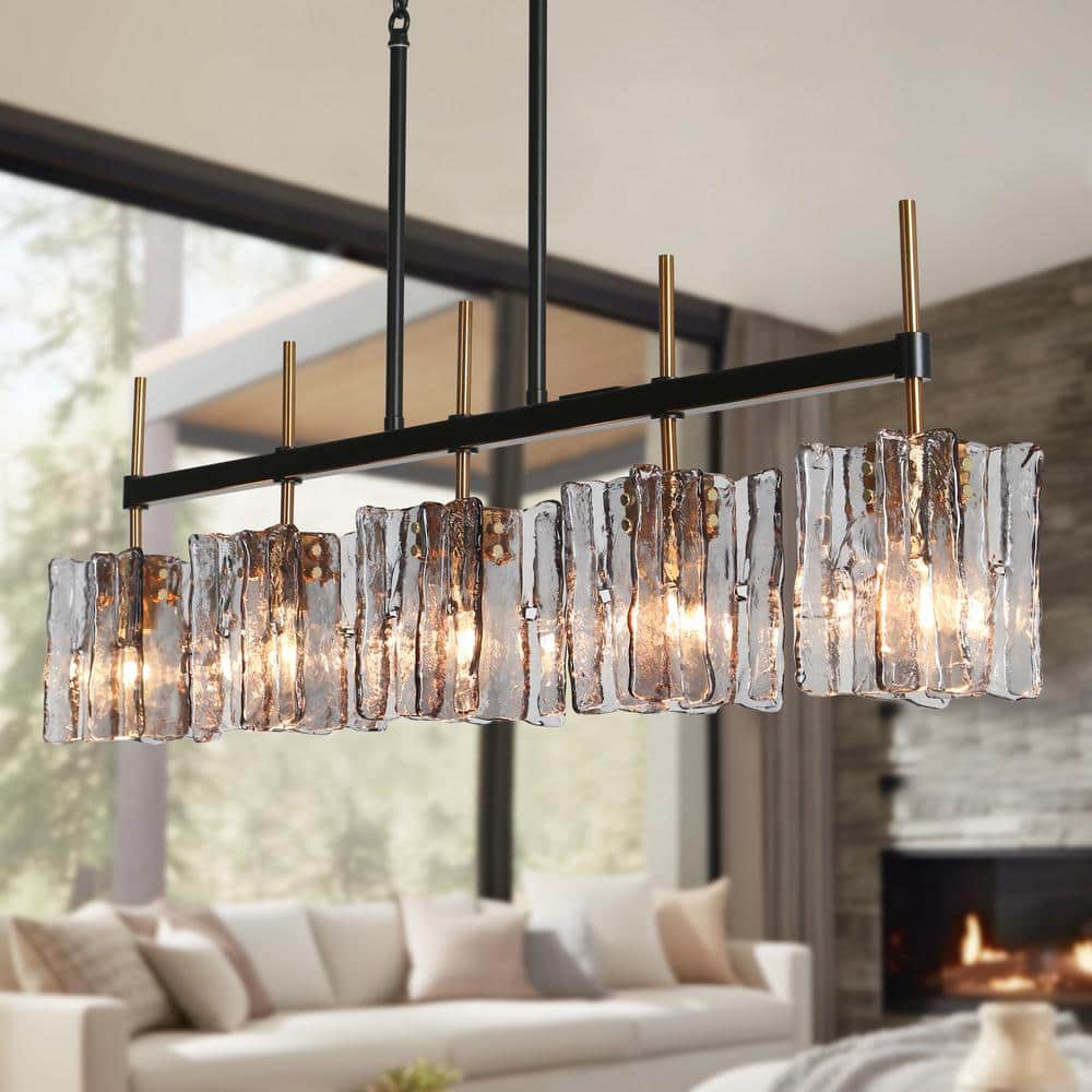 Kasy 5-Light Black and Brass Linear Chandelier with Smoke-Gray Glass