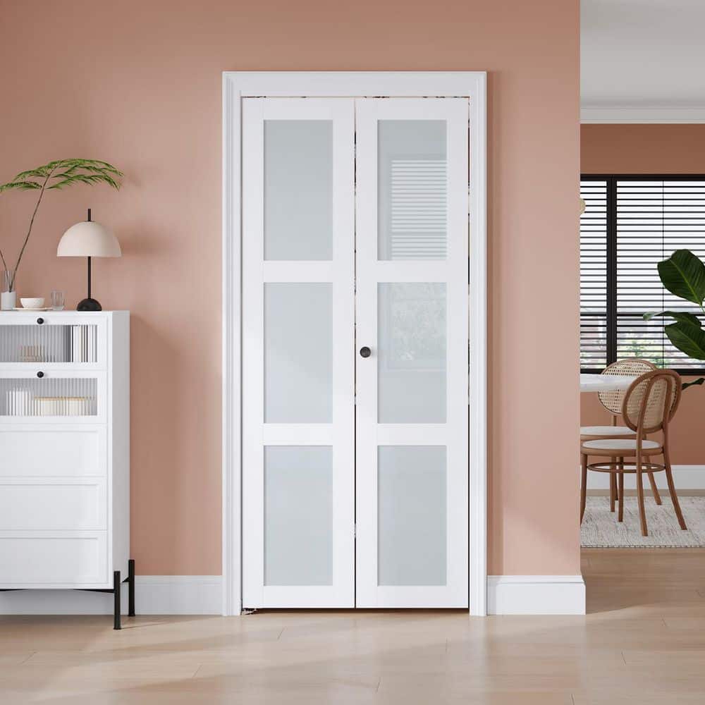 TREEBLING 28 in. x 80 in. 3 Lite Tempered Frosted Glass Solid Core