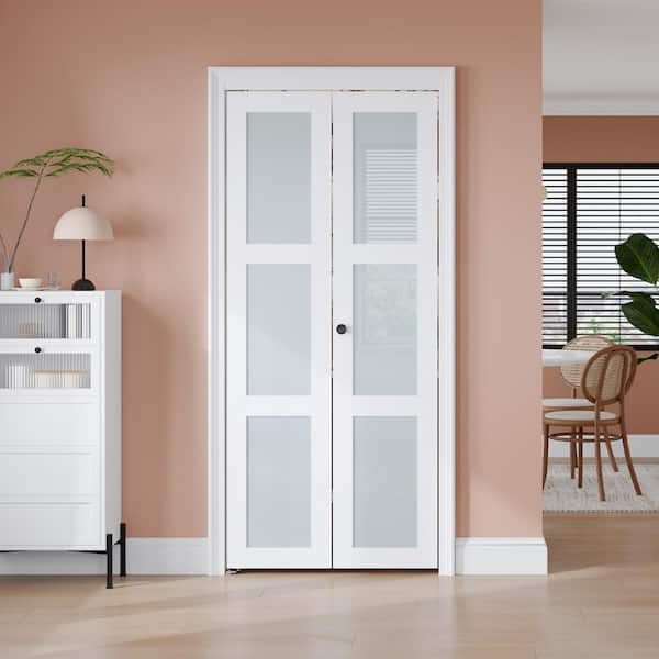 28 in. x 80 in. 3 Lite Tempered Frosted Glass Solid Core White Finished MDF Bi-fold Door with Hardware Kit
