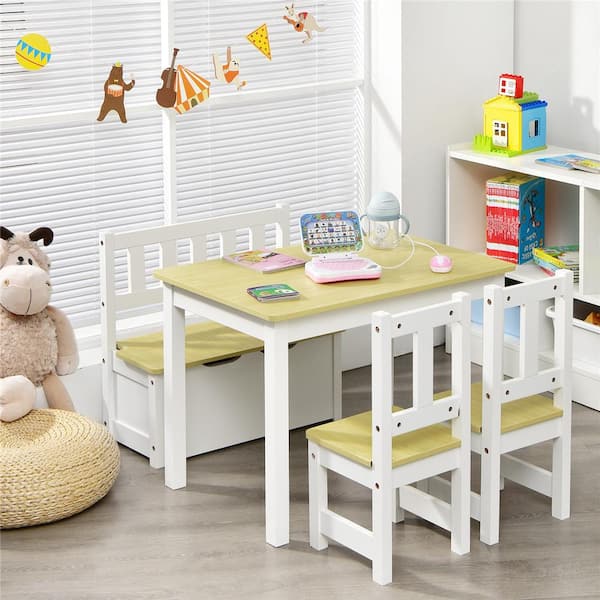 4 Piece Kids Wooden Activity Table and Chairs Set with Storage Bench Natural