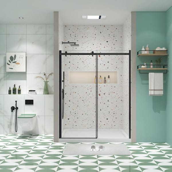 54 in. W x 74 in. H Sliding Frameless Shower Door in Matte Black Finish with Clear Glass