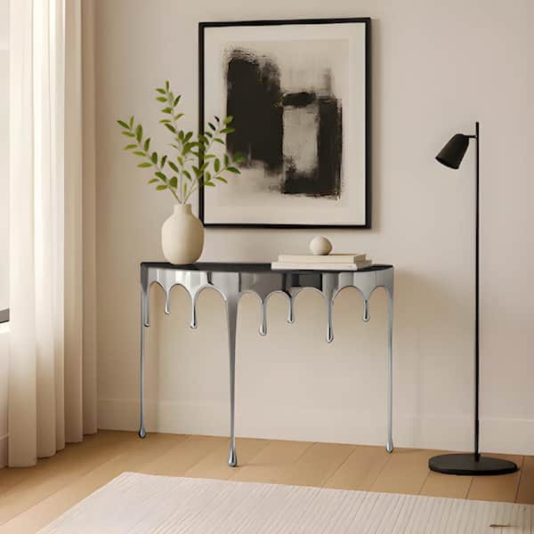 Capri 36.5 in. Silver and Black Half-Moon Glass Top Sofa Console Table