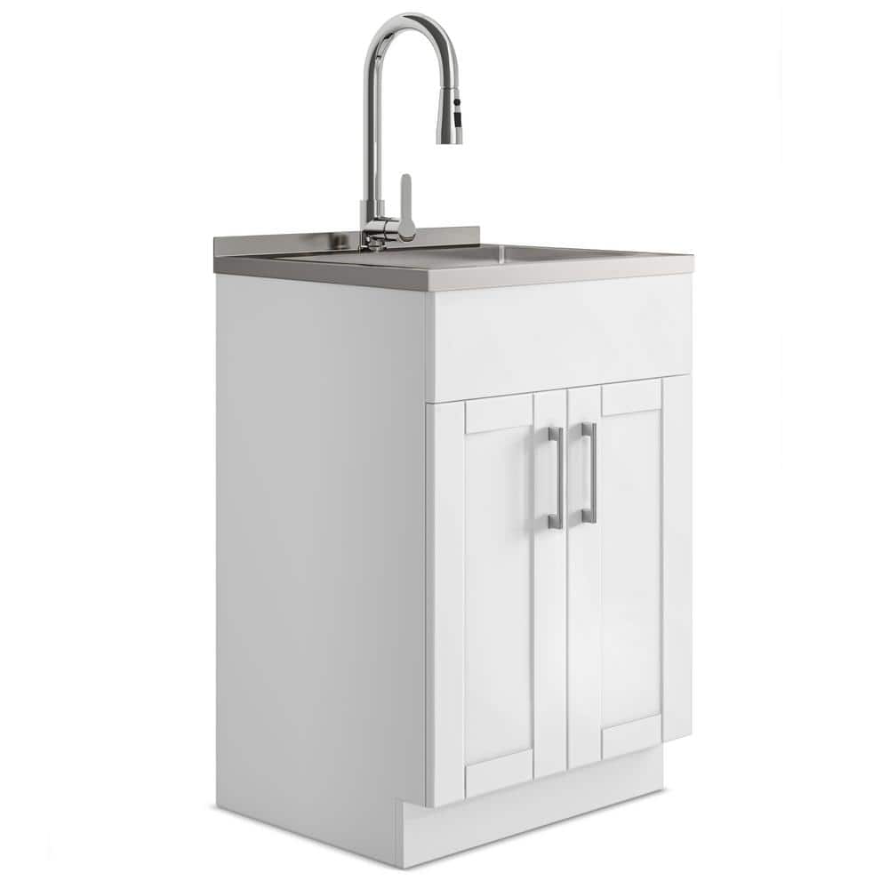 24-Inch White Shaker Utility Sink Cabinet with Stainless Steel Faucet