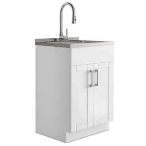 Simpli Home Modern Wide Shaker Transitional 28 in. Wall Mount Laundry Sink with Cabinet Faucet and Stainless Steel Sink in White