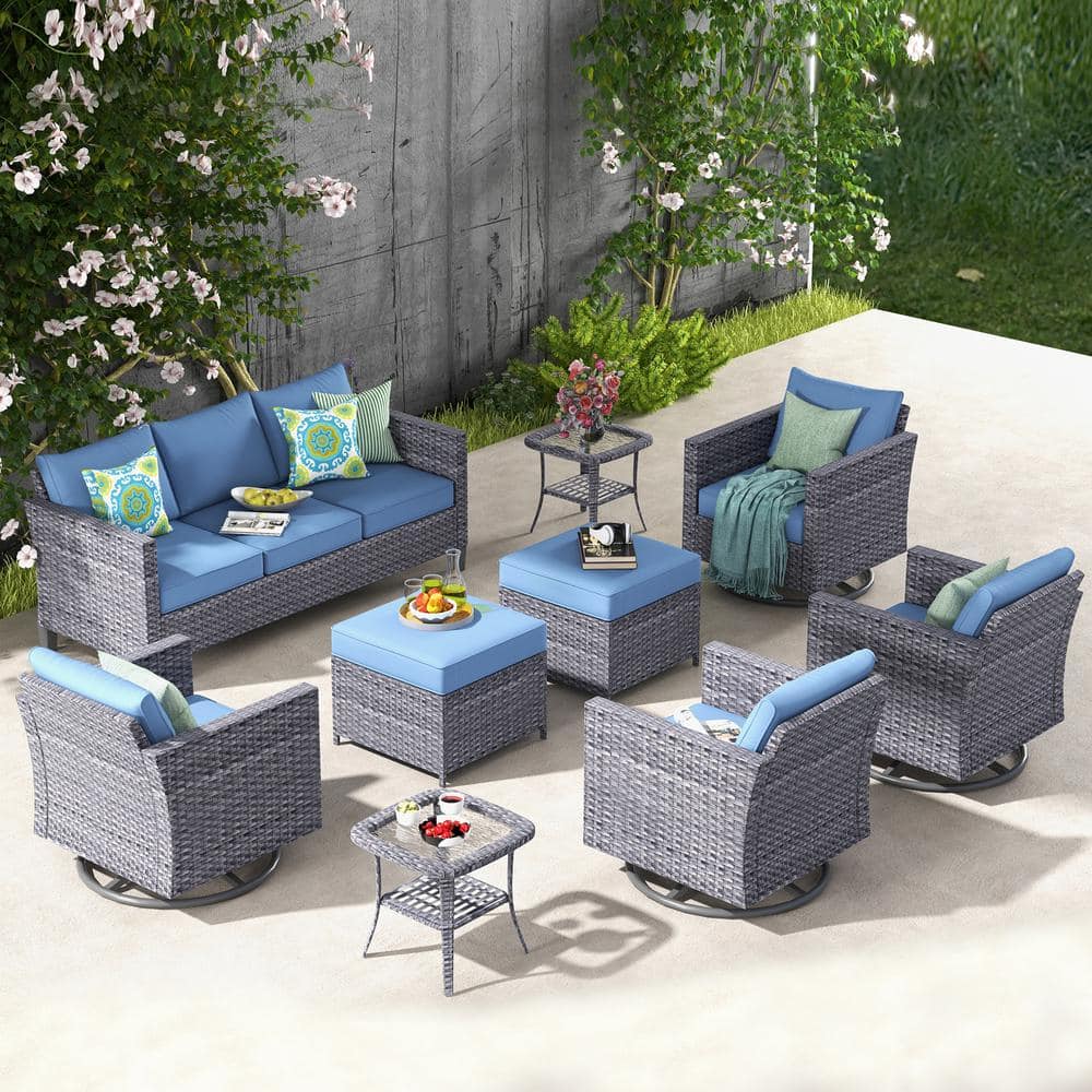 Megon Holly Gray 9-Piece Wicker Patio Conversation Seating Sofa Set with Denim Blue Cushions and Swivel Rocking Chairs price history on PriceWatchPro
