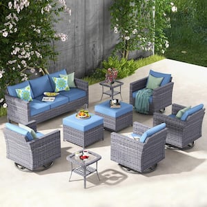 Megon Holly Gray 9-Piece Wicker Patio Conversation Seating Sofa Set with Denim Blue Cushions and Swivel Rocking Chairs