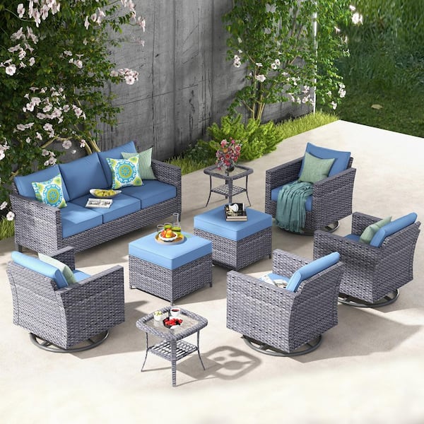 XIZZI Megon Holly Gray 9-Piece Wicker Patio Conversation Seating Sofa Set with Denim Blue Cushions and Swivel Rocking Chairs