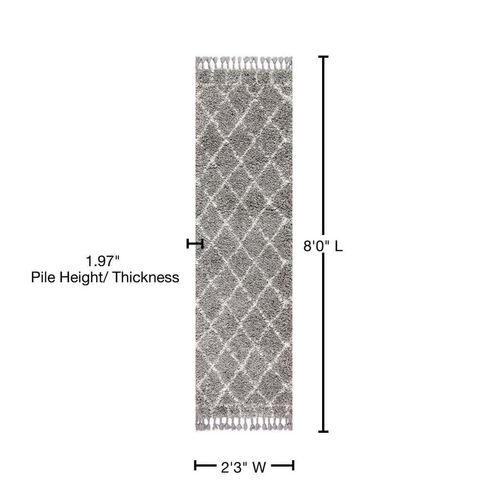 Grey and Cream Moroccan Geometric Trellis Shag Runner Rug
