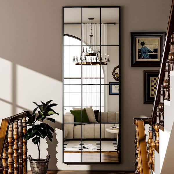 XRAMFY 24 in. W x 65 in. H Modern Rectangular Metal Framed with Grids Black Full Length Wall Mirror