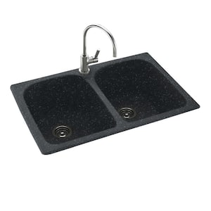 Drop-In/Undermount Solid Surface 33 in. 1-Hole 50/50 Double Bowl Kitchen Sink in Black Galaxy