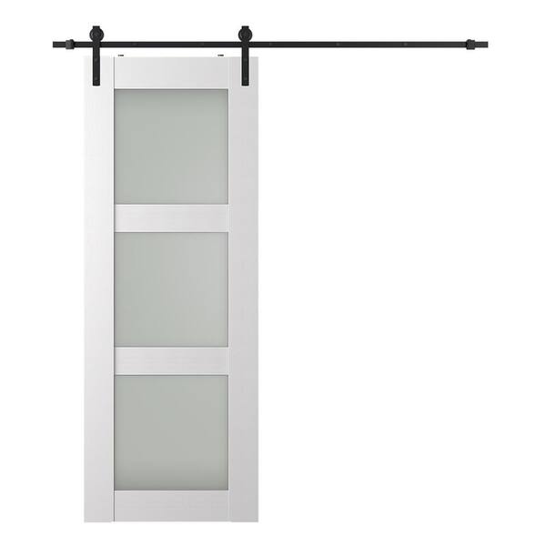 Belldinni Paola 24 in. x 80 in. 3-Lite Frosted Glass Bianco Noble Wood Composite Sliding Barn Door with Hardware Kit
