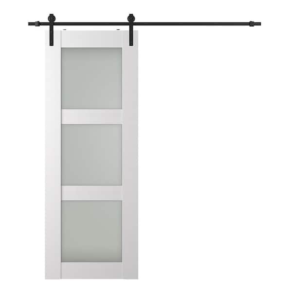 Belldinni Paola 28 in. x 80 in. 3-Lite Frosted Glass Bianco Noble Wood Composite Sliding Barn Door with Hardware Kit
