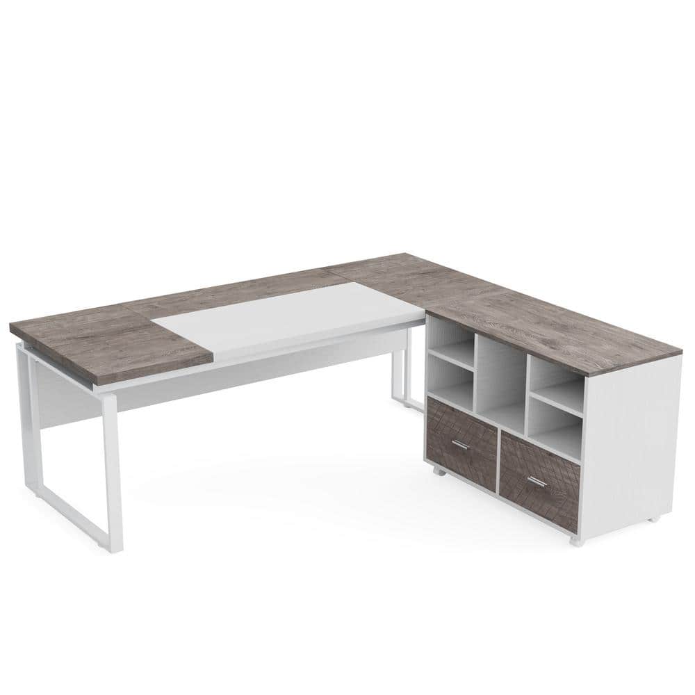 Tribesigns 63" Gray and White L-Shaped Executive Desk with Reversible File Cabinet
