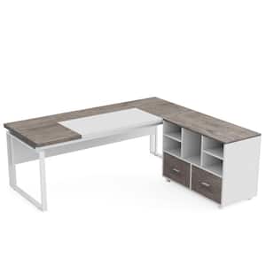 Capen 63 in. L Shaped Gray & White Wood Executive Desk with Mobile Storage Drawers L Shaped Computer Desk