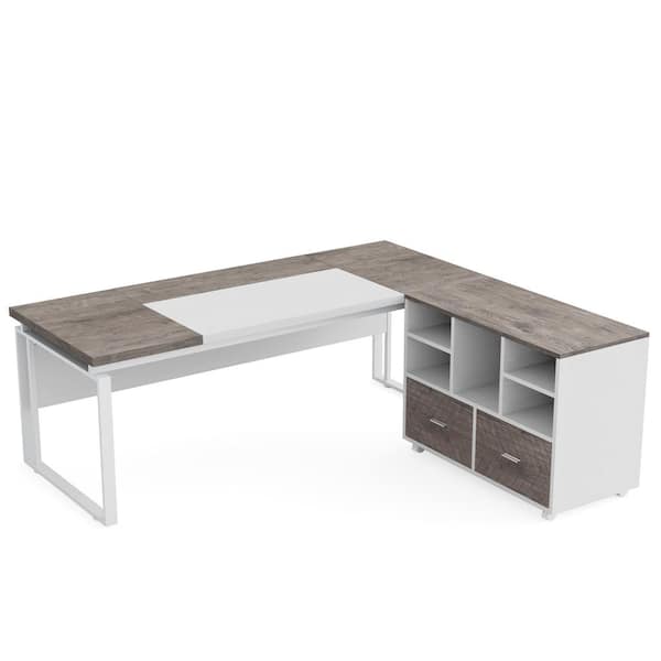 BYBLIGHT Capen 63 in. L Shaped Gray & White Wood Executive Desk with Mobile Storage Drawers L Shaped Computer Desk