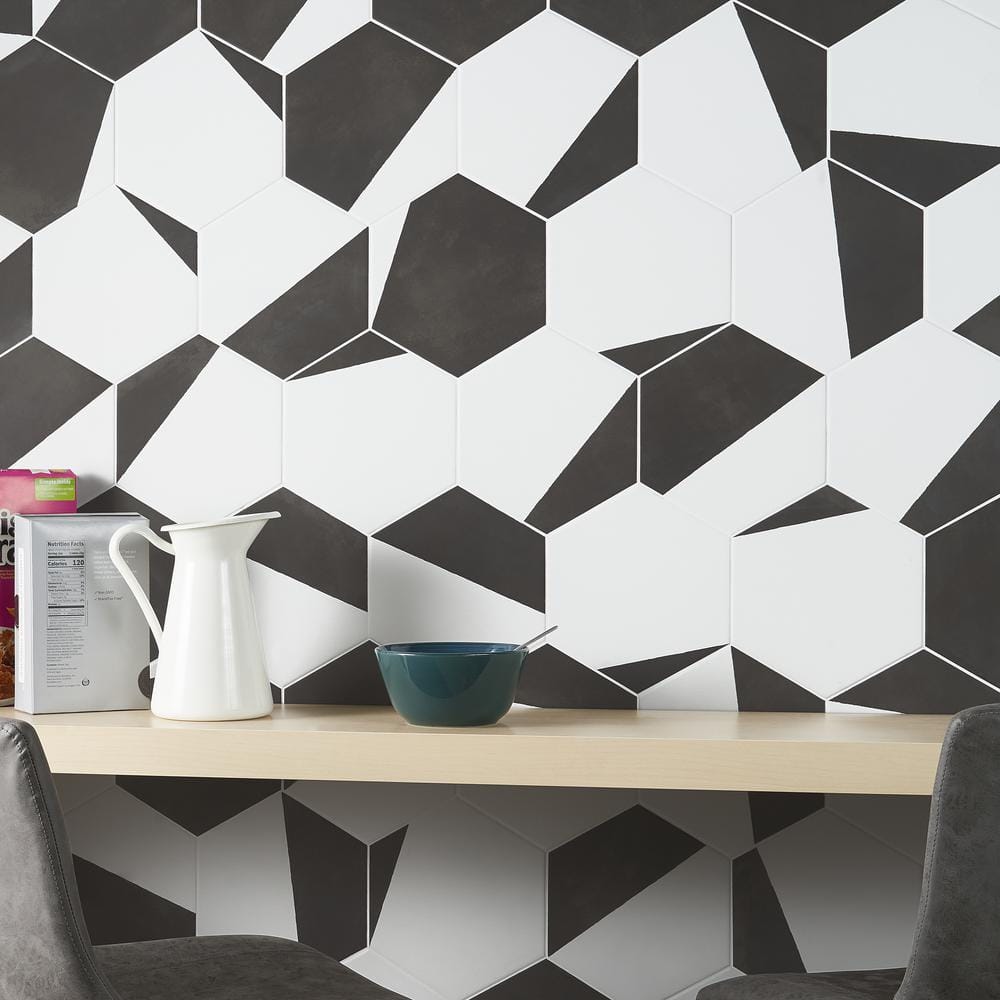 GeoHex Burst 8" Hexagon Matte Black and White Porcelain Tile