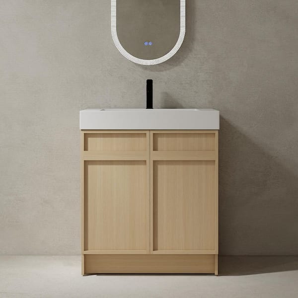 30 in. Single Sink Freestanding Oak Bath Vanity with White Resin Top, Adjustable Shelf, Sewer Cover