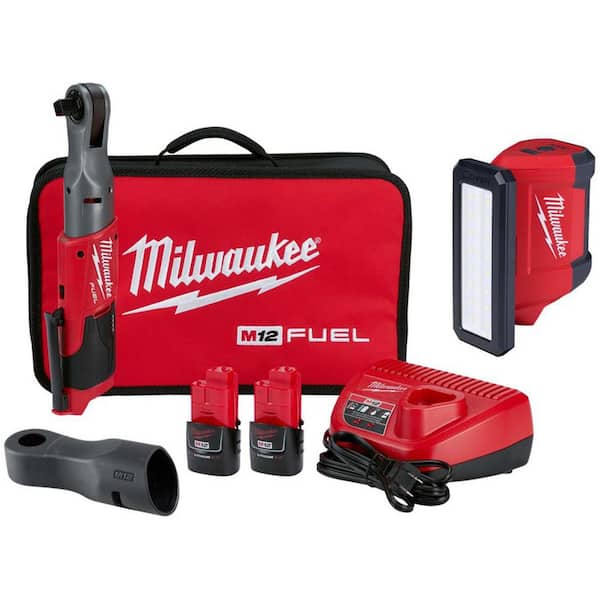 M12 FUEL 12V Li-Ion Brushless 1/2 in. Cordless Ratchet Kit w (2) 2. 0Ah Batteries, Charger, Bag & M12 ROVER Flood Light