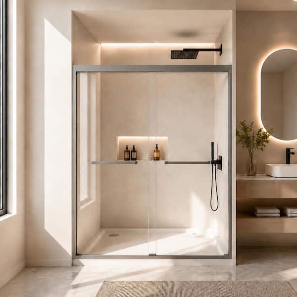 FAMYYT 56-60 in. W x 72 in. H Double Sliding Framed Shower Door in Gun ...