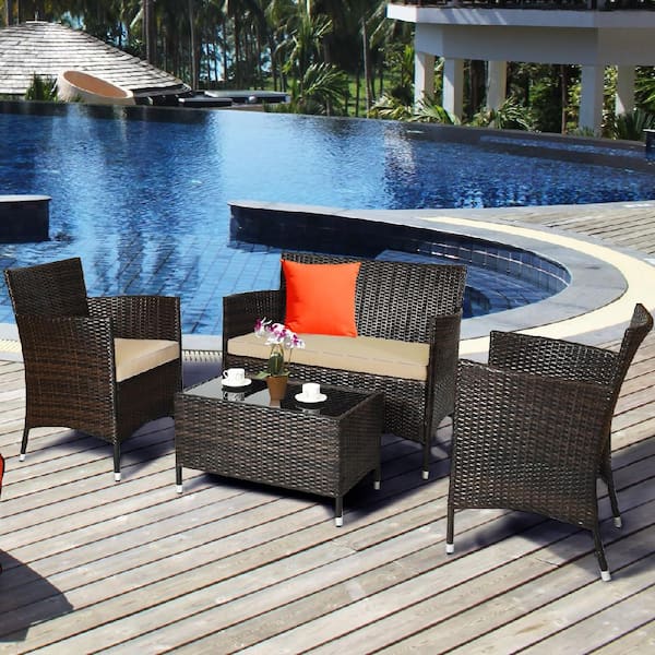 4-Piece Rattan Patio Conversation Set with Beige Cushion