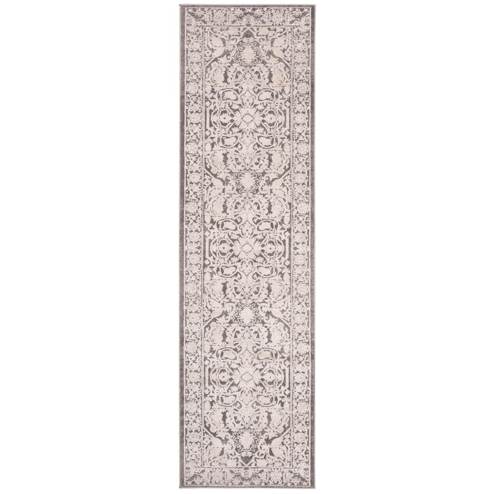 Elegant Gray and Cream Floral Synthetic Runner Rug, 27"x6"