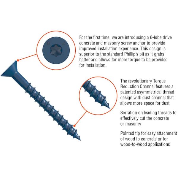 Titen Turbo 3/16 in. x 1-3/4 in. 6-Lobe Flat-Head Concrete and Masonry Screw, Blue (200-Piece)
