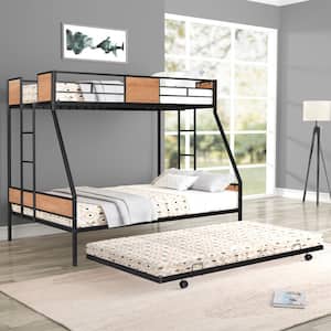 Black Twin Over Full Bunk Bed with Sturdy Metal Frame, Bed Frame with Twin Size Trundle, 2-Side Ladders and Safety Rails