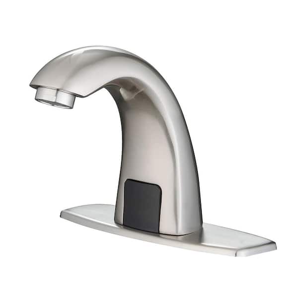 Automatic Sensor Touchless Single Hole Bathroom Sink Faucet with Deck Plate and Pop-Up Drain in Brushed Nickel