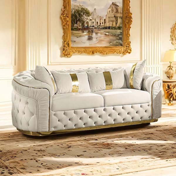 Vanison 89 in. Slope Arm Fabric Rectangle Sofa in. Beige and Gold Accents with Tight Back