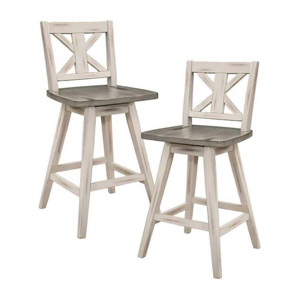 EVERGLADE HOME Fenton 37.5 in. Distressed Gray and White Full Back Wood Frame Swivel Dining Bar Stool with Wooden Seat (Set of 2)