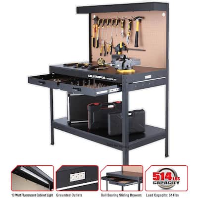 4 ft. W x 5 ft. H x 2 ft. D Black Steel Workbench with Built-In Power and Lighting