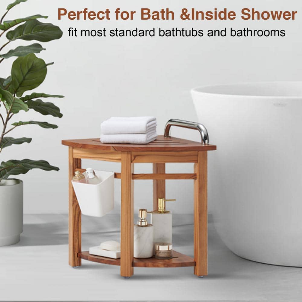 Teak Corner Shower Bench with Handle and Storage