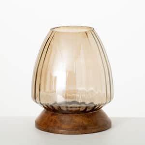 7.75 in. Amber Glass Wood Pillar Candle Holder
