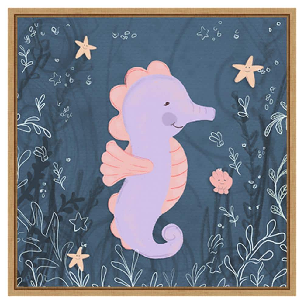 Seahorse and Turtle Blue I Pastel Canvas Wall Art with Maple Frame